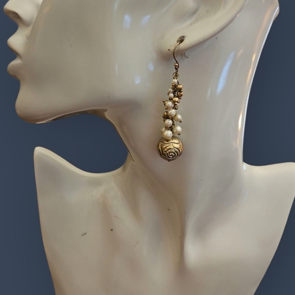 Vtg Antique Style Rose Beaded Pearl Cluster Dangle Drop Bridal Earrings - Picture 1 of 4
